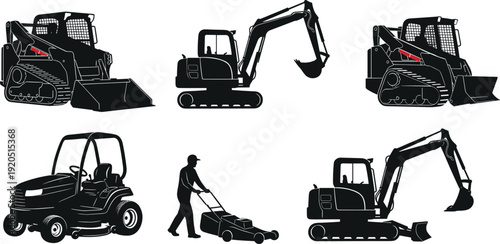 Construction and Landscaping Heavy Equipment Silhouette Collection with Excavator Skid Steer Loader and Lawn Mower