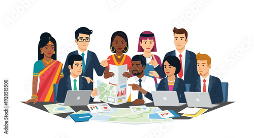 Diverse team collaborating on business project with laptops and documents