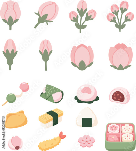 Japanese Cherry Blossom Festival Set with Sakura Buds Sakura Mochi Hanami Dango Bento Box and Traditional Spring Snacks Illustration