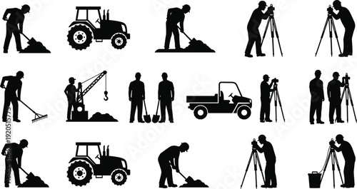 Construction and Survey Workers Silhouette Collection with Tractor Crane Shovel and Measuring Equipment Vector Set