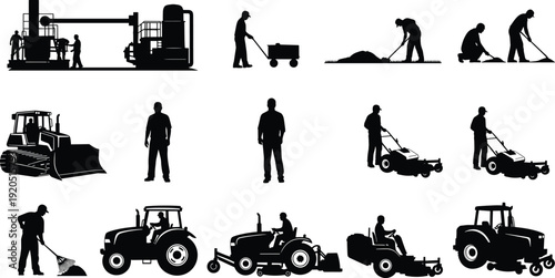 Construction and landscaping workers machinery silhouette collection with tractors mowers and equipment vector set