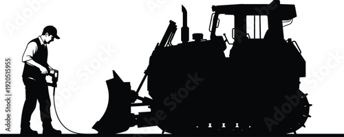 Construction Worker Operating Asphalt Milling Machine Road Maintenance Heavy Equipment Silhouette Vector
