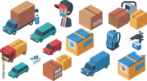Isometric delivery and logistics illustration set, trucks vans parcels courier and shipping boxes collection