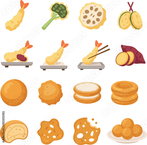 Japanese Tempura and Crispy Street Food Snacks Collection Featuring Fried Shrimp Broccoli Lotus Root and Golden Fritters Illustration
