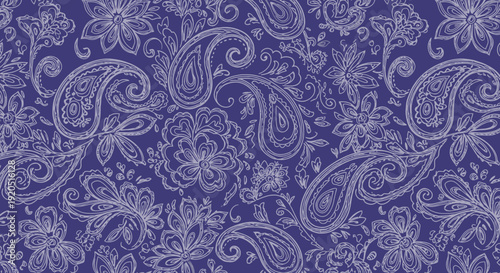 Intricate black and white paisley pattern with ornate swirls and arabesque flourishes.