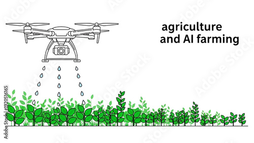 Black outline art of drone watering green plants, precision agriculture and AI farming concept