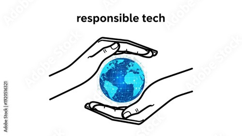 Black outline art of hands forming protective shield around blue digital globe, responsible tech theme