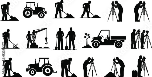 Construction workers and surveyors silhouette collection with tractor crane tools and landscaping equipment vector set