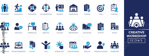 Creative workshop solid icon set for design studio,  brainstorming, innovation, coaching, plan, course, and skill training symbols. Solid icon collection.