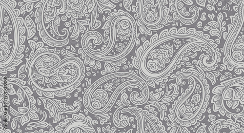 Intricate black and white paisley pattern with ornate swirls and arabesque flourishes.