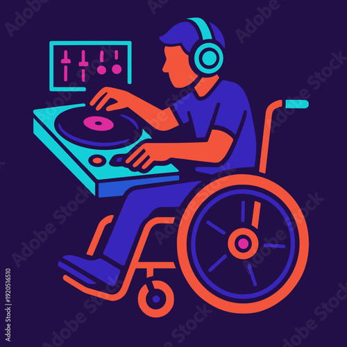 DJ in a wheelchair enjoying music with colorful background