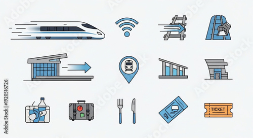 Collection of modern transportation and travel icons.