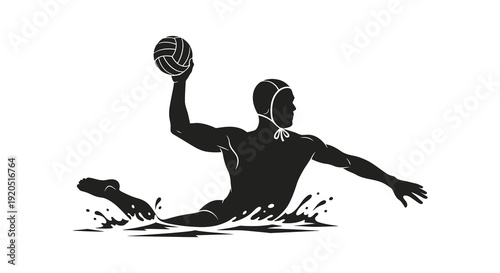 A dynamic illustration depicts a water polo player reaching for a ball captured in a black silhouette high quality