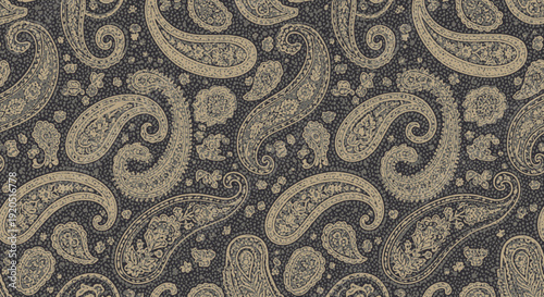 Intricate black and white paisley pattern with ornate swirls and arabesque flourishes.