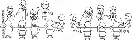 Business meeting and teamwork line illustration showing office workers discussing ideas, collaboration, presentation, and corporate communication in conference room vector style