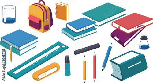 Isometric school supplies illustration set, backpack books stationery pencils ruler and science equipment collection