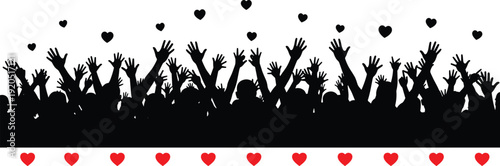 Crowd silhouettes with raised hands and hearts representing love celebration unity support and happiness concept