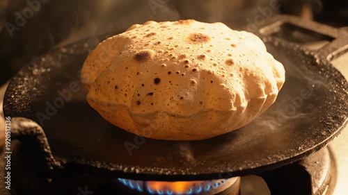 Golden Brown Chapati Puffing Up on Hot Griddle Over Blue Gas Flame Detailed Close Up