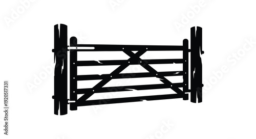 A stark black graphic representation of a rustic wooden farm gate against a white background silhouette high quality professional