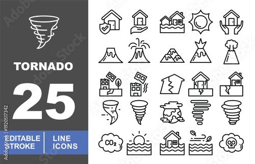Natural Disaster & Weather Icon Set. Editable stroke icons for climate alerts. Featuring volcanoes, earthquakes, floods, tornadoes, and CO2 symbols for web and UI design.