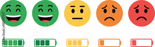 Five emotion faces and five battery level indicators on a white background Keywords: emotion, face, emoji, smile, happy, sad