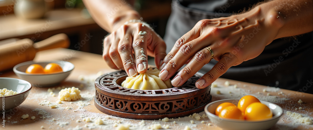 Obraz premium Hands preparing traditional mooncakes for Mid-Autumn Festival celebration 