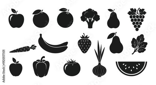 A collection of various fruits and vegetables are displayed in stark black creating a minimalist silhouette high quality professional