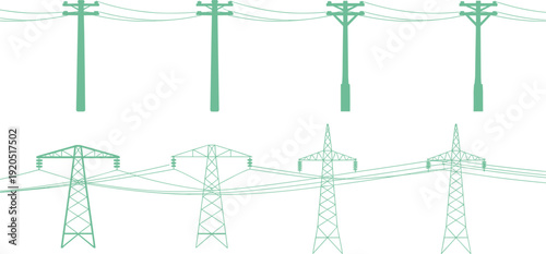 Green silhouette icons of telephone poles and power pylons on a white background Keywords: electricity, power lines, telephone