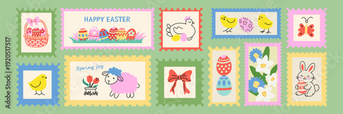 Cute Easter postage stamp sticker set with bunny, chick, eggs and spring flowers. Hand drawn pastel illustrations for greeting cards and banners.