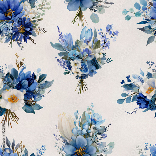 Beautiful Floral Pattern Featuring Various Blue Bouquets on a Soft Background