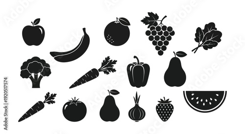 A collection of various fruits and vegetables is displayed in a stark black silhouette style high quality professional detailed
