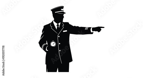 A sharply dressed train conductor in a classic uniform gestures forward creating a striking silhouette high quality professional detailed