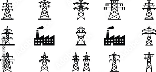Icons and illustrations of electricity pylons and factories on white background power line tower