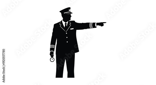 A striking depiction of a captain in full uniform pointing forward presented as a bold silhouette high quality professional