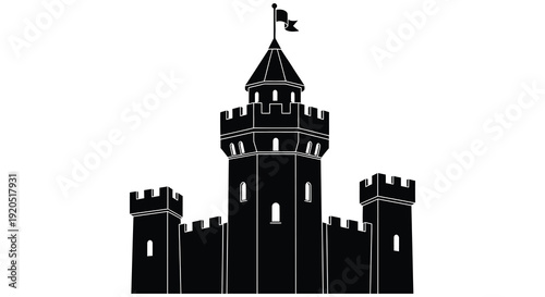 A striking black silhouette depicts a medieval castle with a prominent tower and fluttering flag silhouette high quality professional