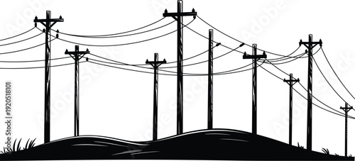 Silhouette of a landscape with multiple utility poles and power lines on white background electricity