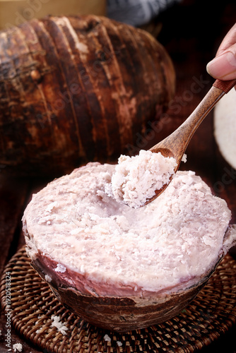 Fresh Taro Flour in Traditional Bamboo Steamer - Guangxi Vegetarian Cooking Ingredient