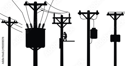 Silhouette of electricity poles with transformers and a worker Keywords: electricity, power, pole, transformer, lines, wires