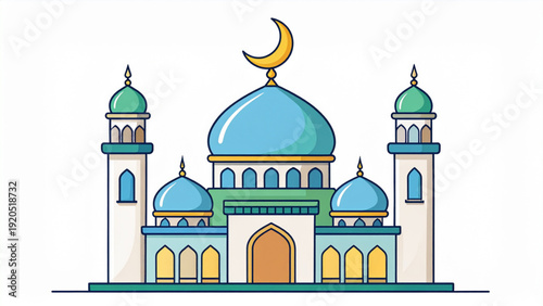 Islamic Mosque with Crescent Moon – Minimal Flat Vector Illustration