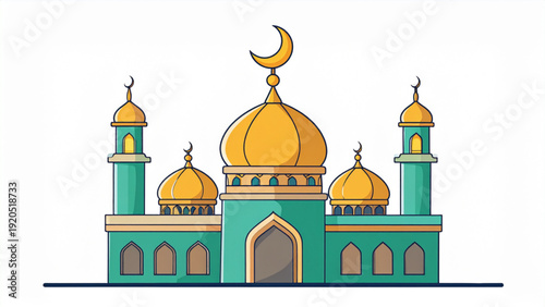 Islamic Mosque with Crescent Moon – Minimal Flat Vector Illustration