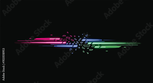 Abstract Futuristic Neon Light Streaks Exploding and Fragmenting on Black Background, Dynamic Energy Motion