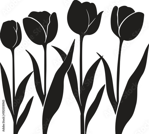 Black silhouette tulip flowers with stems leaves spring floral design beauty nature garden blossom decorative plant illustration flat vector artwork