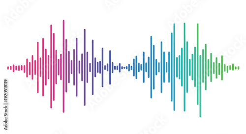 Colorful abstract sound wave equalizer spectrum on a white background, representing audio frequency, music visualization, digital technology, and entertainment concepts.
