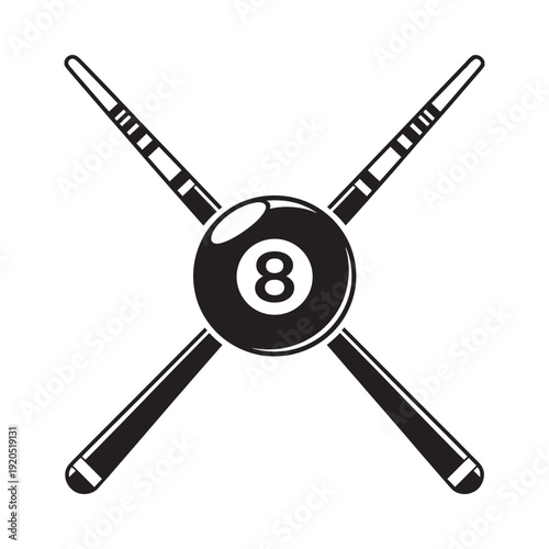 Black and white illustration of crossed pool cues and a solid 8 ball