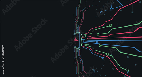 Abstract digital circuit board background with colorful data lines flowing into a central processing unit, symbolizing modern technology, AI, and global network connections.