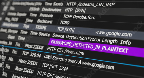 Cybersecurity Vulnerability: 'PASSWORD_DETECTED_IN_PLAINTEXT' Alert on Network Traffic Monitoring Screen, Illustrating Data Breach Risk and Digital Security Threat