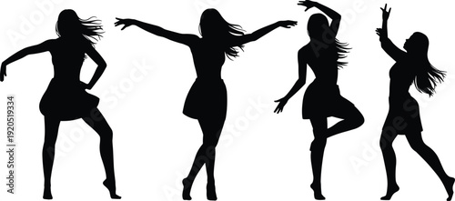 Four Dancing Female Silhouettes in Various Poses on White Background untitled vector