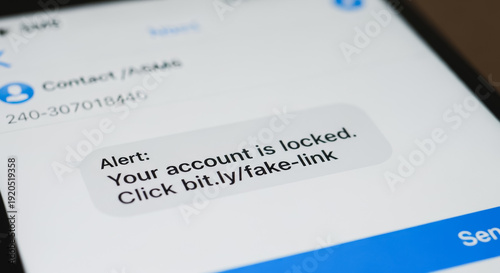 Phishing Scam Alert: Account Locked Notification on Smartphone Screen with Fake Link in Text Message for Online Security Threat and Identity Theft Risk
