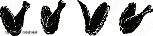 set of four black silhouettes of chicken wings in different angled positions isolated on white