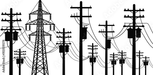 Silhouette of various power poles and electrical transmission towers with wires electricity lines